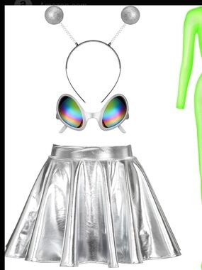 Holographic Silver Skater Skirt with Party Goggles